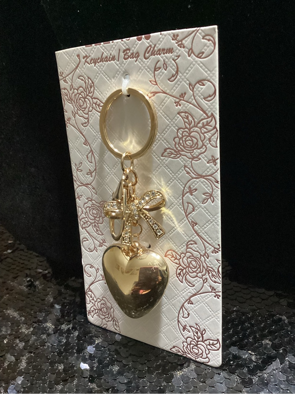 Gold Heart & Bow Keychain Bag Charm - Women Accessories